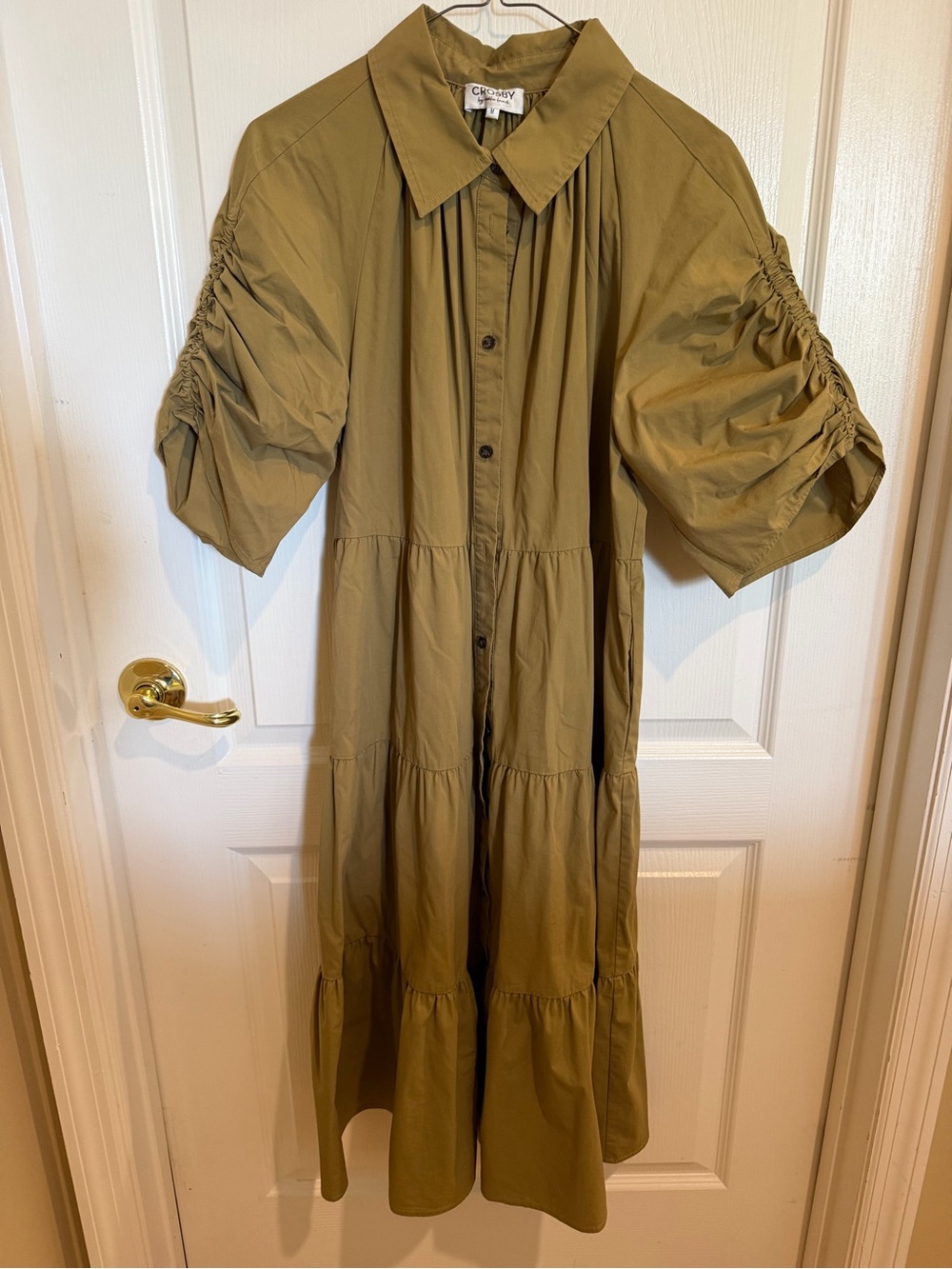 Crosby by Mollie Burch  Olive Puff-Sleeve Tiered Shirt Dress